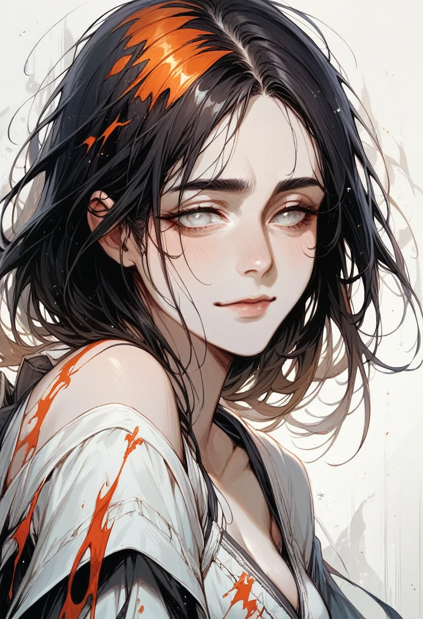 Girl with a gentle and sad smile, black like the night hair and completely white eyes