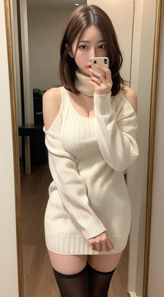 Highest quality　masterpiece　8K Ultra-detailed Face　Brown-haired beauty　　Shoulder-length hair　White sweater dress　Cleavage　Thighs　Selfie　Mirror photo　reflected in the mirror　turtleneck　Knee-high socks