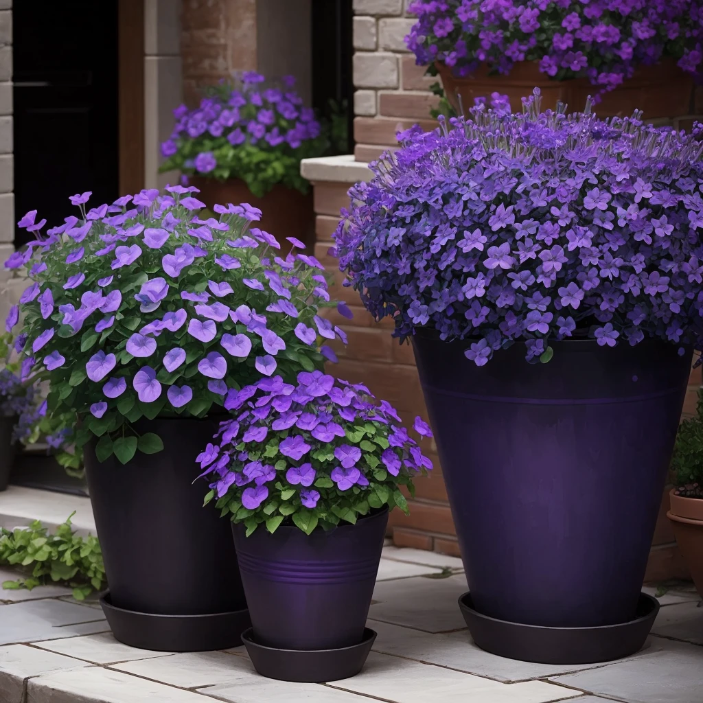 purple flowers in a pot on a patio with a blue planter, purple foliage, blue and purple plants, dark purple tones, some purple, cobalt coloration, violet, dark purple, purple, purples, purple hues, violet polsangi, second colours - purple, more dark purple color scheme, dark purple blue tones, dark purple scheme, violet colors