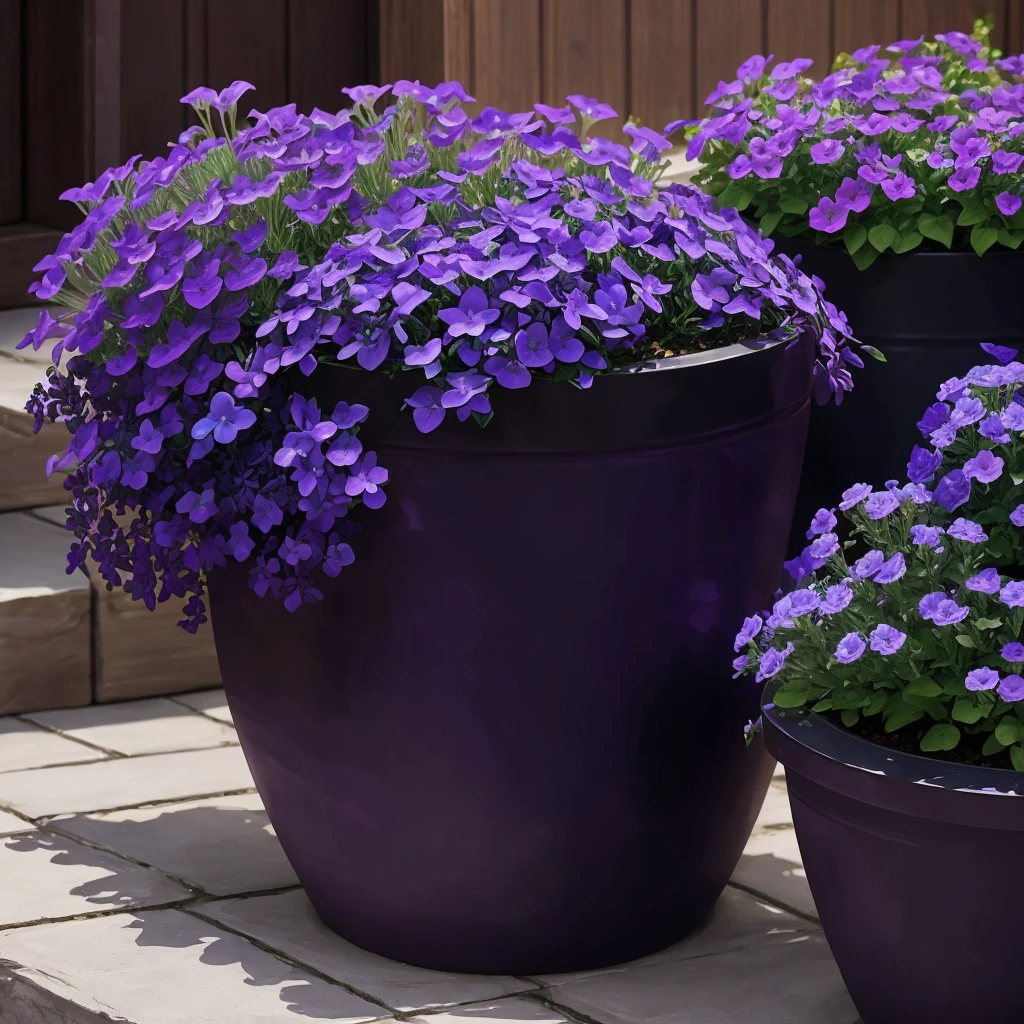 purple flowers in a pot on a patio with a blue planter, a pastel by Ann Thetis Blacker, tumblr, sōsaku hanga, purple foliage, blue and purple plants, dark purple tones, some purple, cobalt coloration, violet, dark purple, purple, purples, purple hues, violet polsangi, second colours - purple