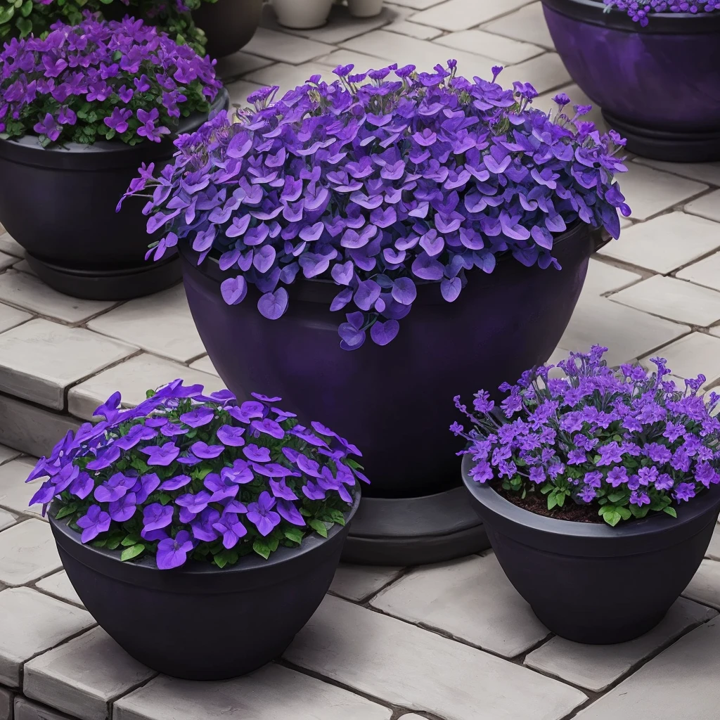 purple flowers in a pot on a patio with a blue planter, purple foliage, blue and purple plants, dark purple tones, some purple, cobalt coloration, violet, dark purple, purple, purples, purple hues, violet polsangi, second colours - purple, more dark purple color scheme, dark purple blue tones, dark purple scheme, violet colors