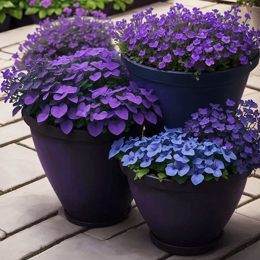 purple flowers in a pot on a patio with a blue planter, purple foliage, blue and purple plants, dark purple tones, some purple, cobalt coloration, violet, dark purple, purple, purples, purple hues, violet polsangi, second colours - purple, more dark purple color scheme, dark purple blue tones, dark purple scheme, violet colors