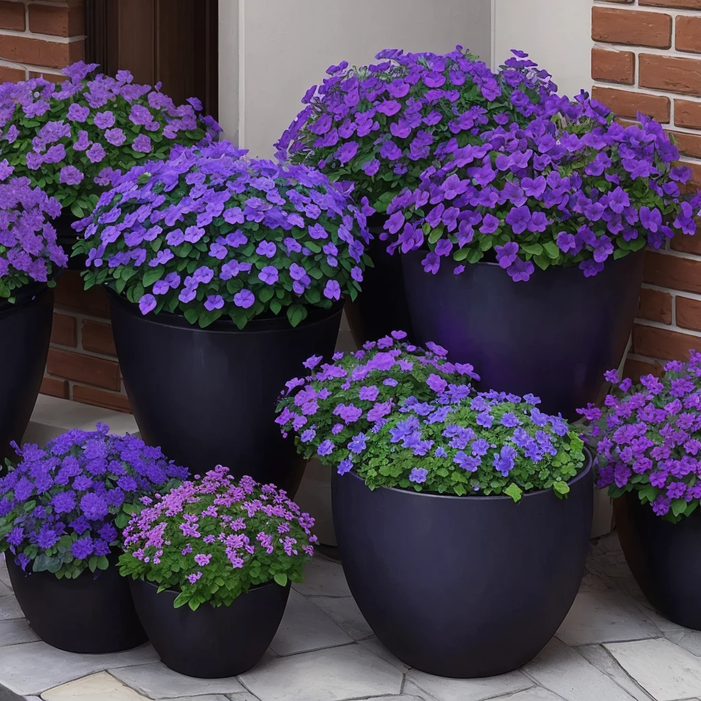 purple flowers in a pot on a patio with a blue planter, purple foliage, blue and purple plants, dark purple tones, some purple, cobalt coloration, violet, dark purple, purple, purples, purple hues, violet polsangi, second colours - purple, more dark purple color scheme, dark purple blue tones, dark purple scheme, violet colors