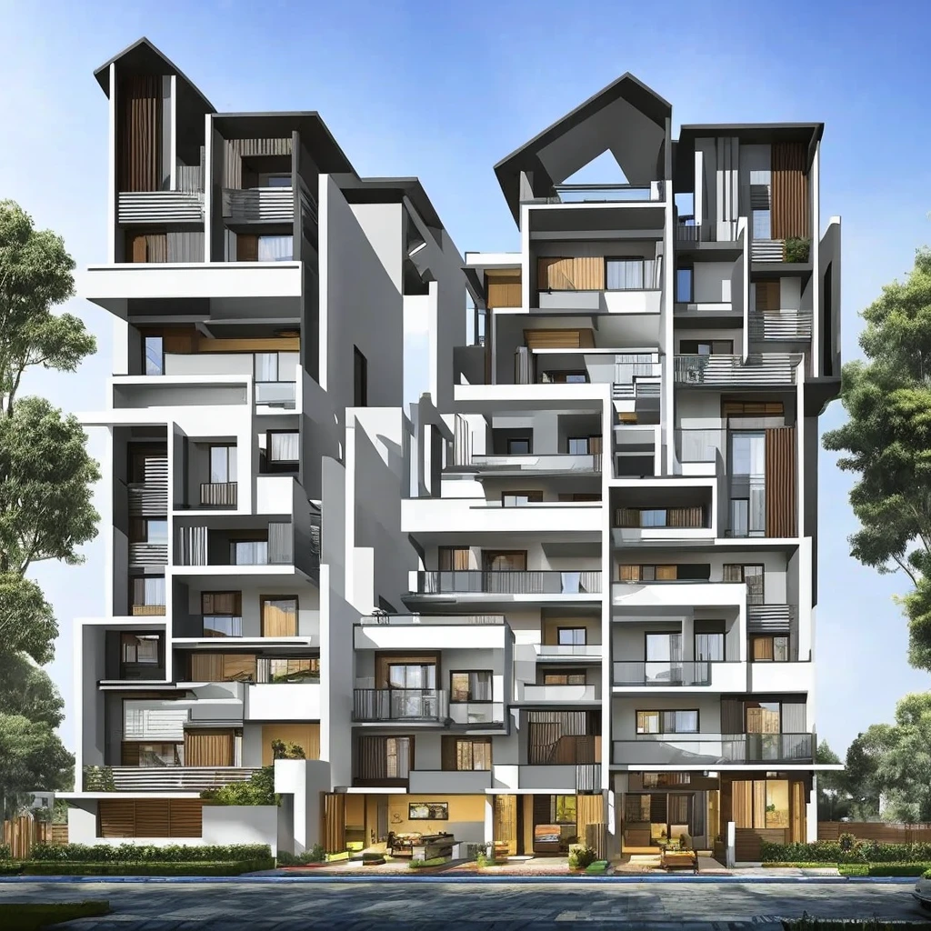 4 storeyed building, Ground Floor has Fully Glazed shop house, First Floor has Verandah, Second Floor has Verandah with plant features, Third Floor has Fully Glazed and Strip pattern facade, Roof Floor has open Terrance and beautiful roof garden, building has 80% while color theme, tiles are black and gray, daylight 