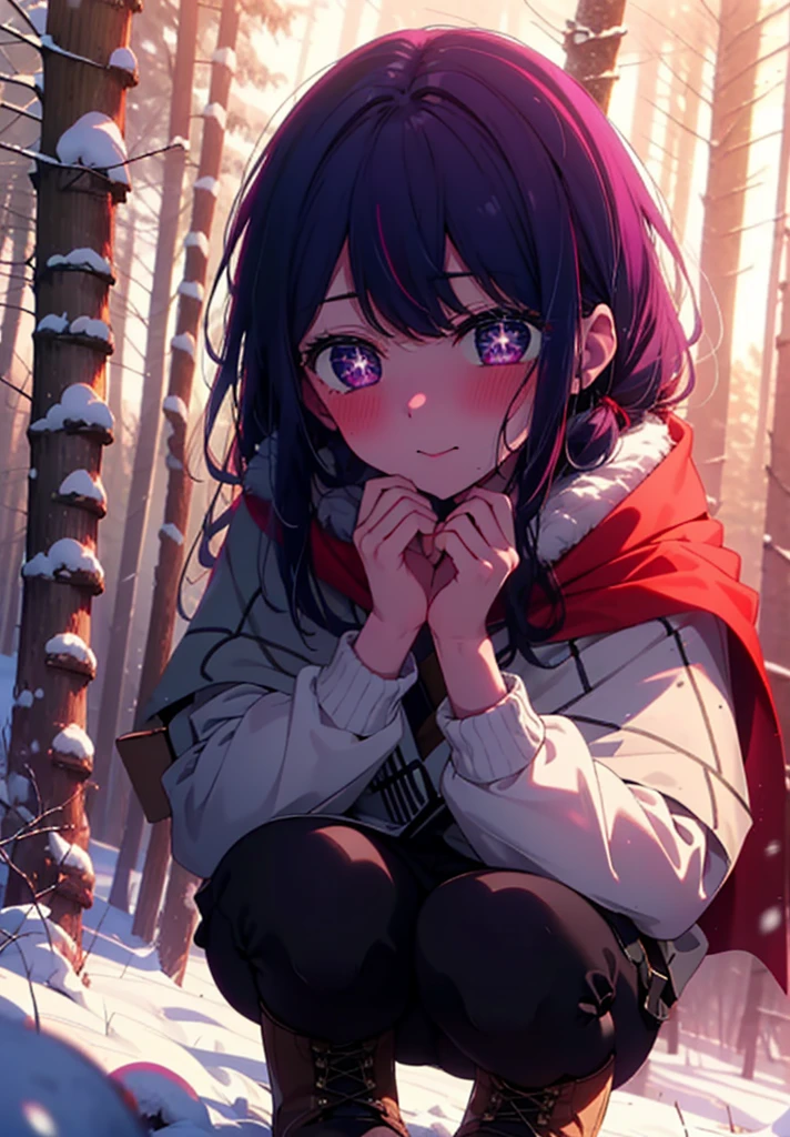 aihoshino, Ai Hoshino, Long Hair, bangs, (Purple eyes:1.1), Purple Hair, (Symbol-shaped pupil:1.5), smile,,smile,blush,White Breath,
Open your mouth,snow,Ground bonfire, Outdoor, boots, snowing, From the side, wood, suitcase, Cape, Blurred, , forest, White handbag, nature, Squat, Mouth closed, Cape, winter, Written boundary depth, Black shoes, red Cape break looking at viewer, Upper Body, whole body, break Outdoor, forest, nature, break (masterpiece:1.2), Highest quality, High resolution, unity 8k wallpaper, (shape:0.8), (Beautiful and beautiful eyes:1.6), Highly detailed face, Perfect lighting, Extremely detailed CG, (Perfect hands, Perfect Anatomy),