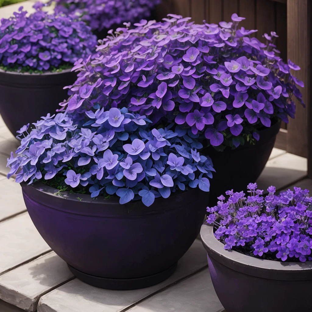 purple flowers in a pot on a patio with a blue planter, a pastel by Ann Thetis Blacker, tumblr, sōsaku hanga, purple foliage, blue and purple plants, dark purple tones, some purple, cobalt coloration, violet, dark purple, purple, purples, purple hues, violet polsangi, second colours - purple