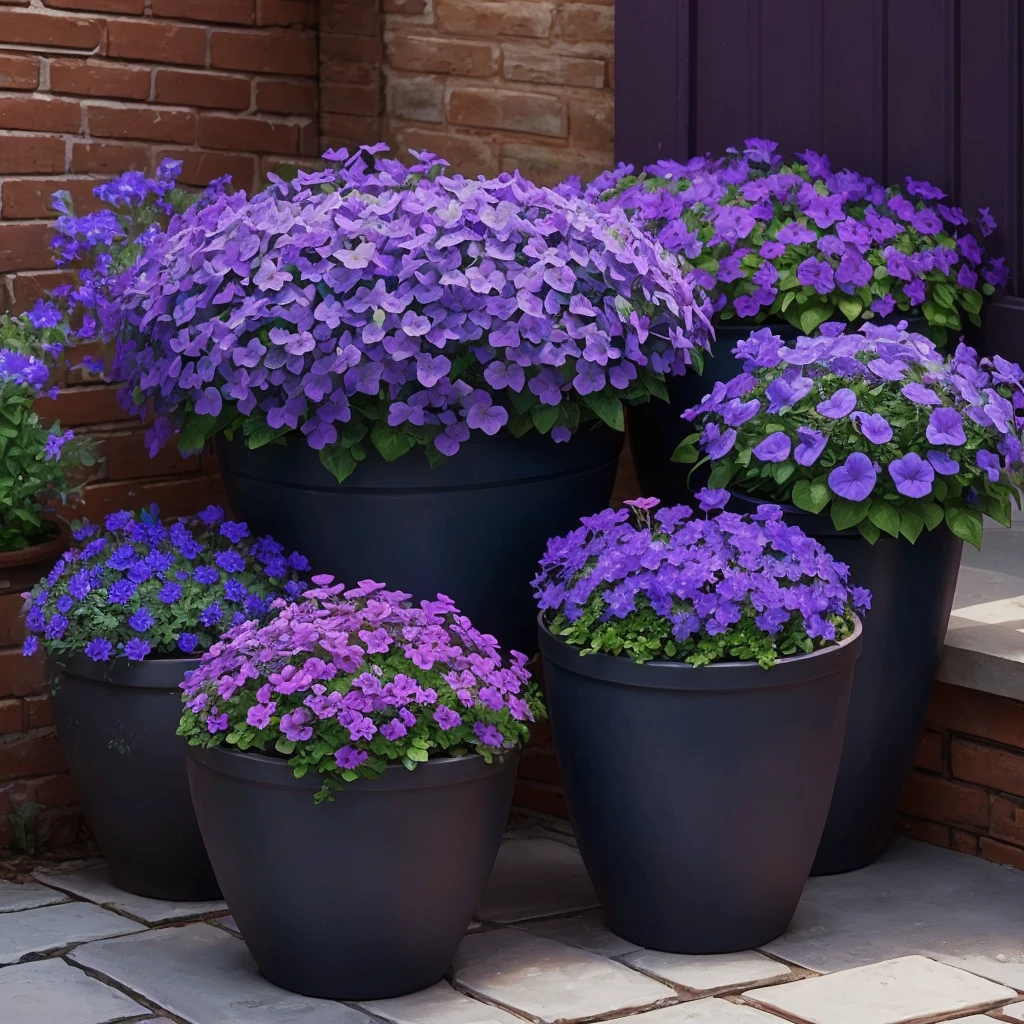 purple flowers in a pot on a patio with a blue planter, purple foliage, blue and purple plants, dark purple tones, some purple, cobalt coloration, violet, dark purple, purple, purples, purple hues, violet polsangi, second colours - purple, more dark purple color scheme, dark purple blue tones, dark purple scheme, violet colors