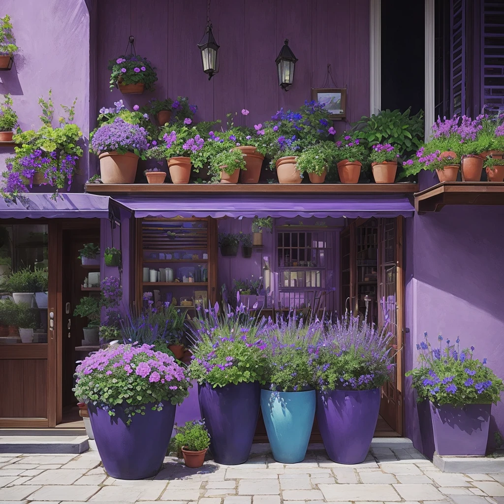 purple flowers in a pot on a patio with a blue planter, a pastel by Ann Thetis Blacker, tumblr, sōsaku hanga, purple foliage, blue and purple plants, dark purple tones, some purple, cobalt coloration, violet, dark purple, purple, purples, purple hues, violet polsangi, second colours - purple