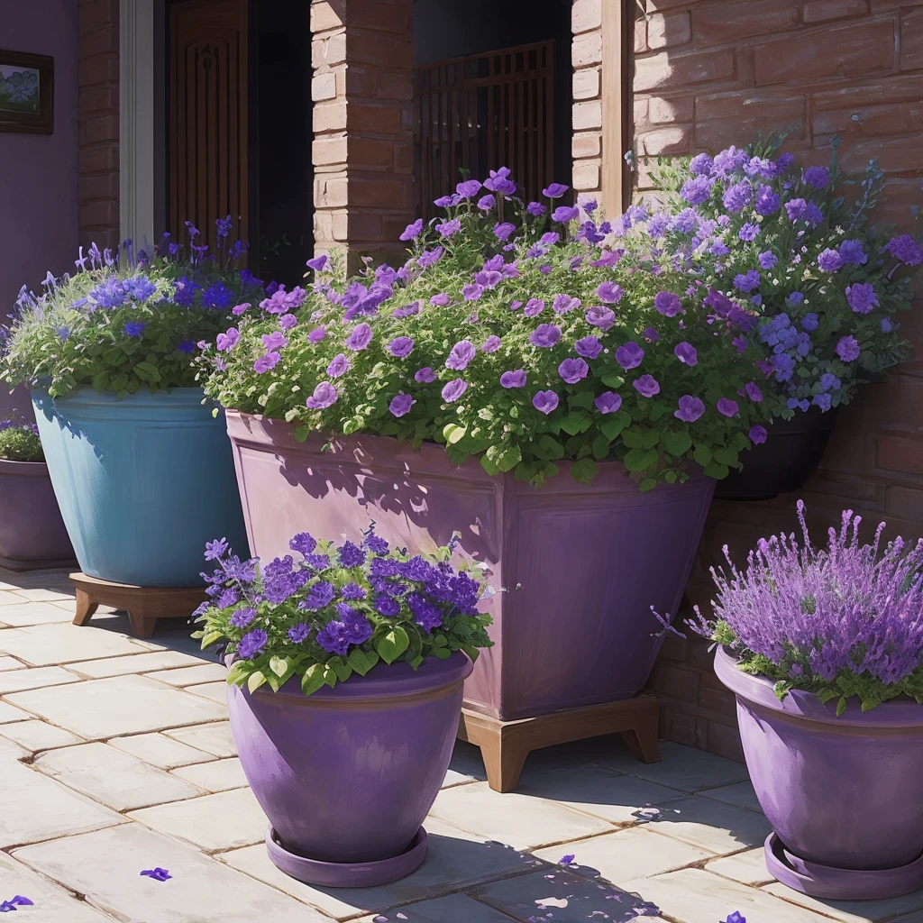 purple flowers in a pot on a patio with a blue planter, a pastel by Ann Thetis Blacker, tumblr, sōsaku hanga, purple foliage, blue and purple plants, dark purple tones, some purple, cobalt coloration, violet, dark purple, purple, purples, purple hues, violet polsangi, second colours - purple