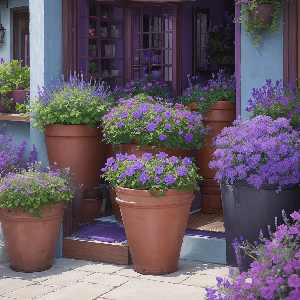 purple flowers in a pot on a patio with a blue planter, a pastel by Ann Thetis Blacker, tumblr, sōsaku hanga, purple foliage, blue and purple plants, dark purple tones, some purple, cobalt coloration, violet, dark purple, purple, purples, purple hues, violet polsangi, second colours - purple