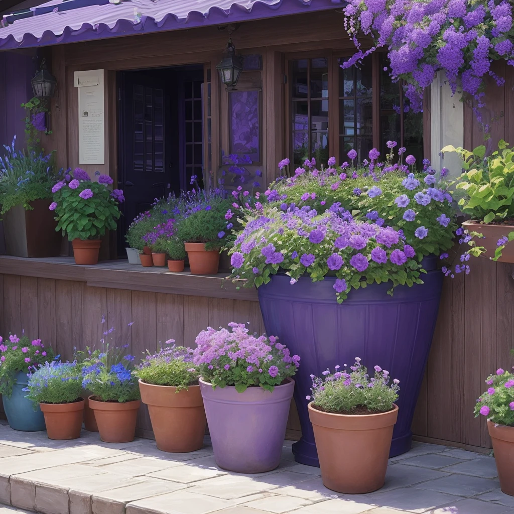 purple flowers in a pot on a patio with a blue planter, a pastel by Ann Thetis Blacker, tumblr, sōsaku hanga, purple foliage, blue and purple plants, dark purple tones, some purple, cobalt coloration, violet, dark purple, purple, purples, purple hues, violet polsangi, second colours - purple
