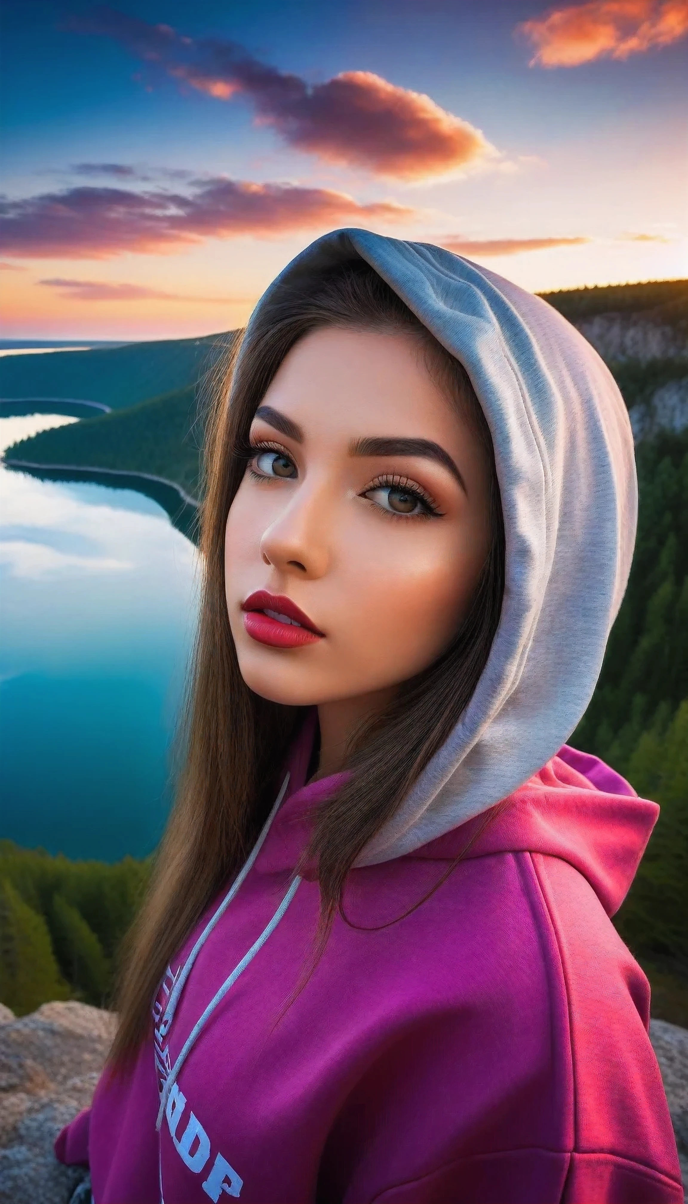 beautiful detailed eyes, beautiful detailed lips, extremely detailed eyes and face, long eyelashes, beautiful girls in beautiful hoodies and long to floor skirts, scenic landscape, cliff, lake, forest, sunrise, beautiful sky, few clouds,vibrant colors,dramatic lighting,highly detailed,serene,tranquil,picturesque,stunning,breathtaking