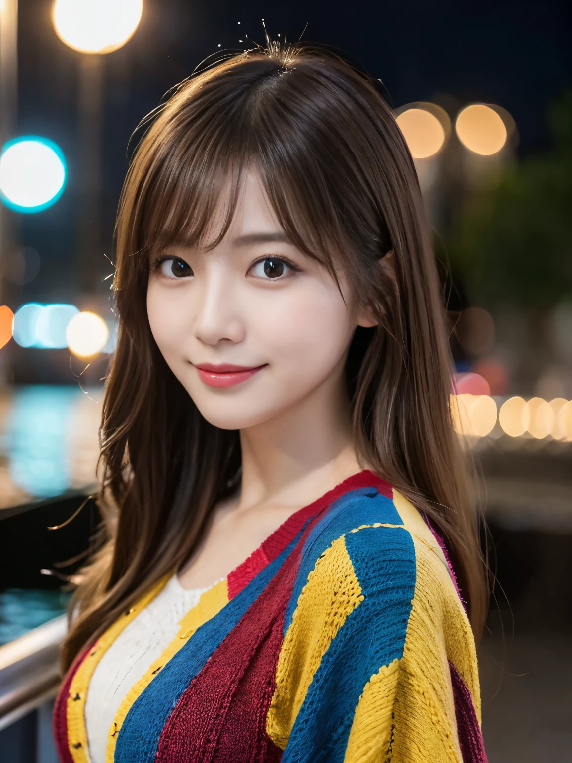 Masterpiece, 1 girl, A detailed eye, Puffy eyes, top-quality, high resolution, (Realistic: 1.4), cinematic lighting, Japanese, Asian Beauty, Super beauty, Beautiful skin, A slender, (A hyper-realistic), (high resolution), (8K), (High detailed), (beautifully detailed eyes), (Ultra-detail), (wall-), A detailed face, Bright lighting, professional lighting, looking at viewer, (The costume a colorful knitted dress), Long hair, Wave hair, hair messy, asymmetrical bangs, nighttime scene, Brown hair, Japan Idle, Korean Idol, posing Gravure Idol, age28, tall, smile, Sea Park scene, ((Random body orientation)),