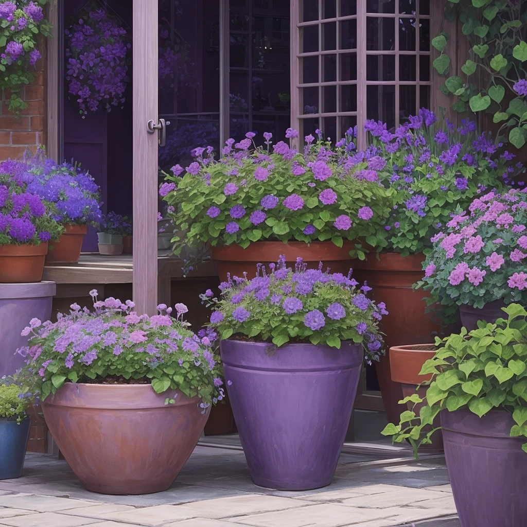 purple flowers in a pot on a patio with a blue planter, a pastel by Ann Thetis Blacker, tumblr, sōsaku hanga, purple foliage, blue and purple plants, dark purple tones, some purple, cobalt coloration, violet, dark purple, purple, purples, purple hues, violet polsangi, second colours - purple