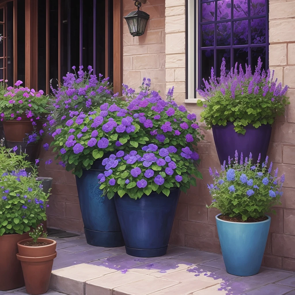 purple flowers in a pot on a patio with a blue planter, a pastel by Ann Thetis Blacker, tumblr, sōsaku hanga, purple foliage, blue and purple plants, dark purple tones, some purple, cobalt coloration, violet, dark purple, purple, purples, purple hues, violet polsangi, second colours - purple