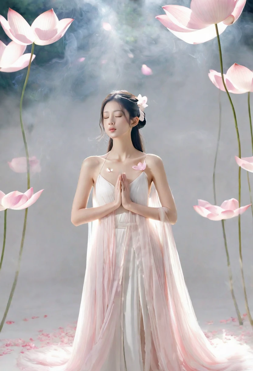 Light pink and light white tone,full body, simple white background, nature lighting, lighting effect, minimalist, elegant, pure gentle, soft light, photorealistic. a women (collarbone, shoulders,nipples) posing (praying and standing) with The hyper-giant lotus with huge and long petals (petal made of a thin and soft tulle fabric, flowy petals fully background, floating petals, hyper-flying petals, smoke effect mix with petal), lotus dress,((seethrough)).