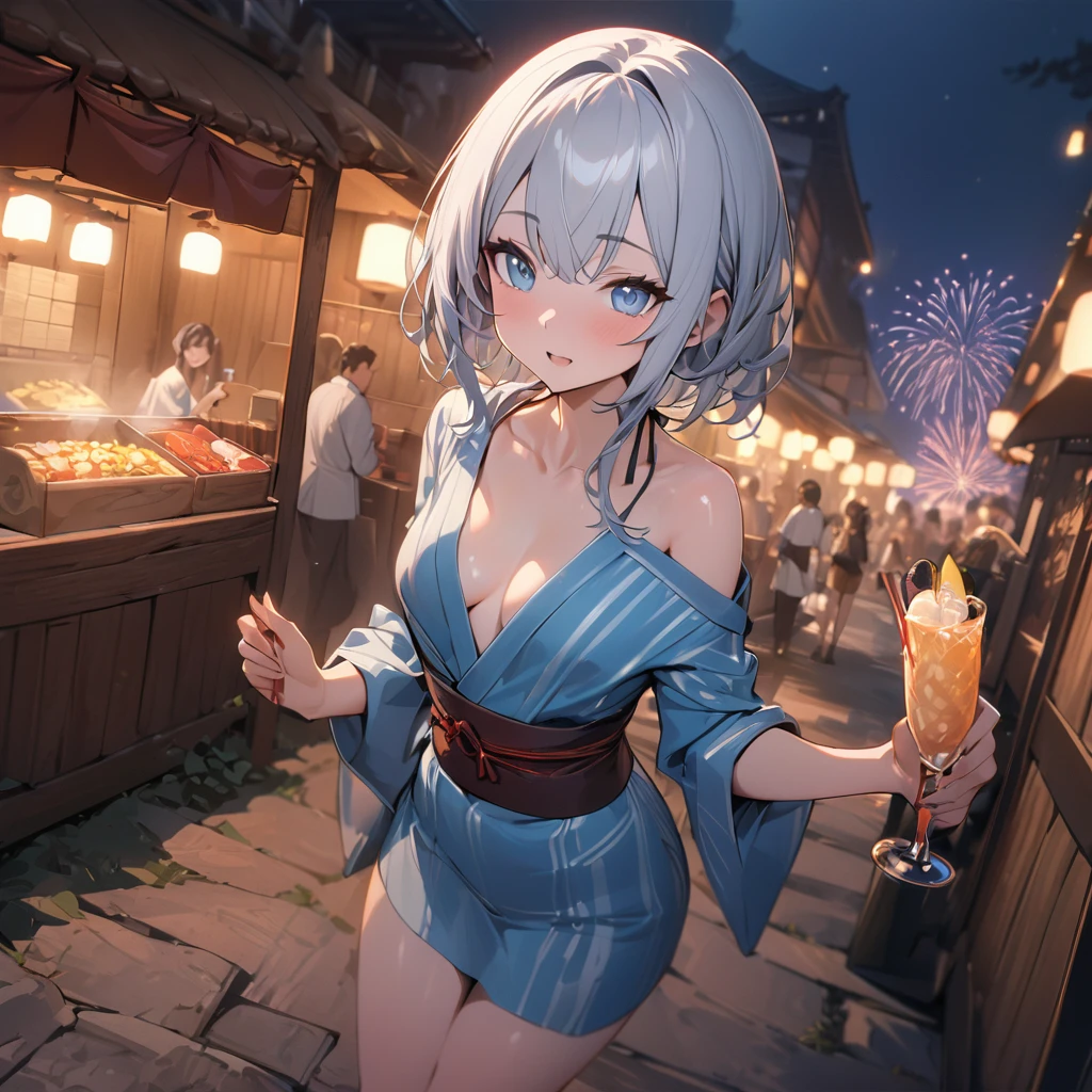 One girl、(((最high quality)), ((masterpiece)), (detailed), masterpiece, 最high quality, high quality, 超detailed, Perfect Face, ((One girl, blue eyes, Silver Bob Hair,))、Shiny Hair、Glowing Skin、yukata、Sandals、Small Breast Summer、port、stall、firework