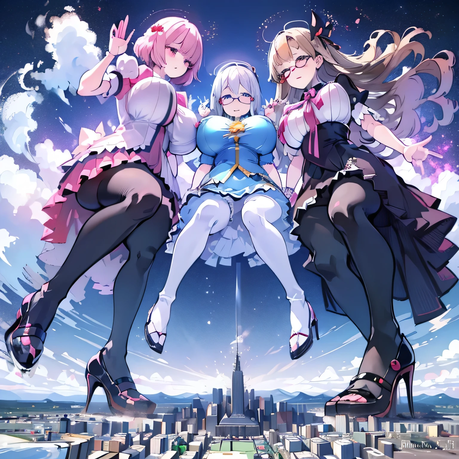 3girls, giantess art, highly detailed giantess shots, giantess, most detailed, perfect face, Two legs, Five fingers, A beautiful girl who is bigger than a skyscraper, Wearing rimless glasses, smile, huge breasts, magical girl dress, bow, magical girl, holding a magical wand, black pantyhose, stiletto heels, thunderbolt from a magical wand, Destroying cities, Under heavy attack, A very small big city, Miniature metropolis, Full body description, GTS, giga giantess, stomping city, crash city, tiny city, micro city, pantyhose feet, High resolution, highest quality, masterpiece,
