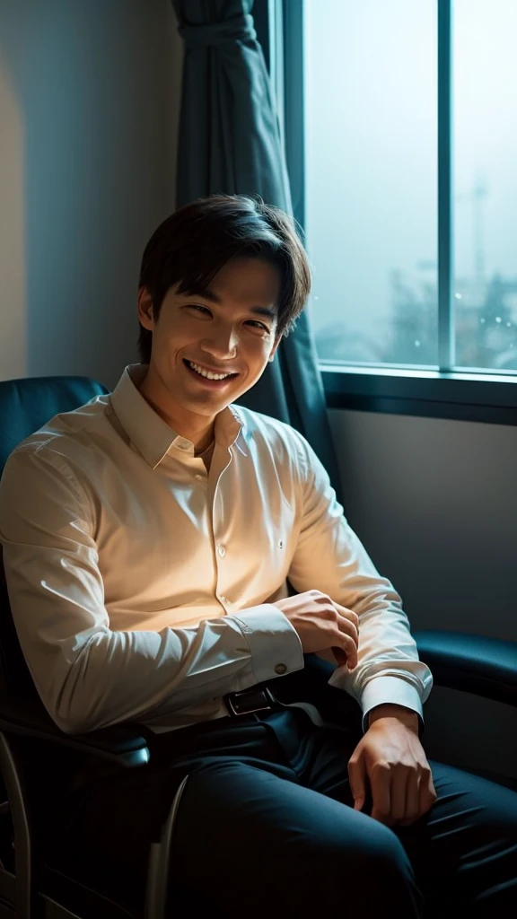 Dimly lit counselling room。A psychological counselor sits in a chair、Smiling invincibly。His face was half in shadow、Partially illuminated by cold light。The background is dim、There's a shadow on the wall。The counselor's expression is eerie、The gaze is directly at the camera。The atmosphere in the room is heavy、There's a sense of tension。