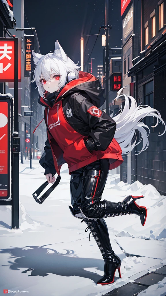 Winter city,whole body,shortness of breath,Beastman,shota,Wolf,headphone,Long Parka,pants,Knee-high boots,Stiletto heels with red soles,Running