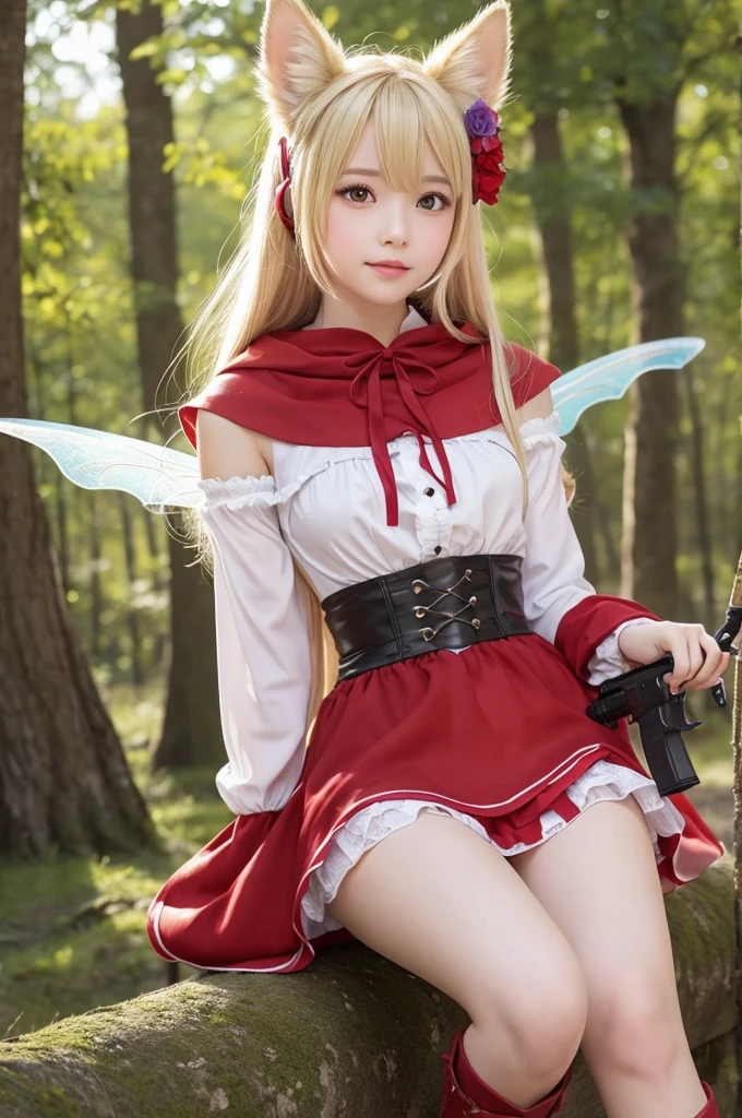 Revealing clothing、Blonde、Brown eyes、Teenage Girl((1 person))、No sleeve、Lower body miniskirt、White socks、from the front、Beautiful illustrations, Highest quality, cute女の子,colorful, whole body、Fairy tale motif、Fairy tale、Little Red Riding Hood、Have a hunting gun、Wolf Ears、boots、flower、cute、anime