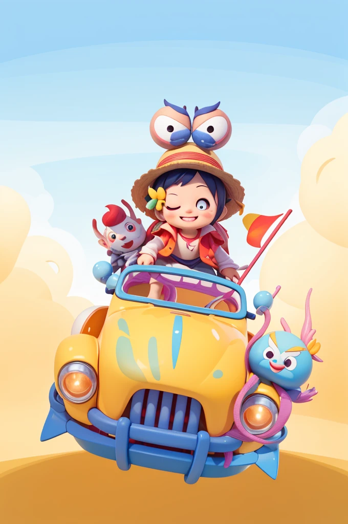 sticker，一只带着straw hat的snails开着小汽车，snails，One Piece Luffy，straw hat，Detailed background，Grinning，Two eyes on the top of the head，Two eyeballs，Biting a branch，lol，露齿lol，With a branch in his mouth，Red vest，红色和的straw hat，red flag，一只Lovelyq版的野猪，ground，Sky，Cloud，Blue sky，Jellyfish，Isometric,xxxxxxxx cartoon 3d model,Low Poly,3D Art,C4D,octane
rendering, 3d rendering, Ray traction, Clay Materials, Pixar Trends, Animated Lighting, Depth of Field, Super Detail, Pastel colors, mockup, Clean background, Delicate gloss, Soft focus, oc, Blender, intellectual property, best quality, 8k--s 250--v 5.1
(Lovely)