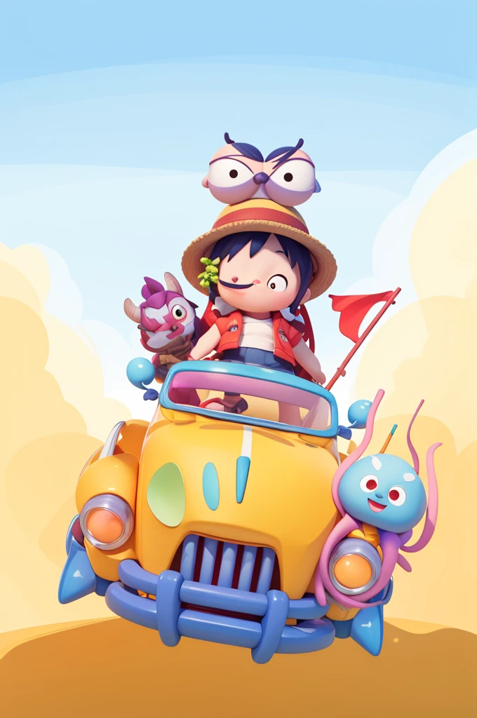 sticker，一只带着straw hat的snails开着小汽车，snails，One Piece Luffy，straw hat，Detailed background，Grinning，Two eyes on the top of the head，Two eyeballs，Biting a branch，lol，露齿lol，With a branch in his mouth，Red vest，红色和的straw hat，red flag，一只Lovelyq版的野猪，ground，Sky，Cloud，Blue sky，Jellyfish，Isometric,xxxxxxxx cartoon 3d model,Low Poly,3D Art,C4D,octane
rendering, 3d rendering, Ray traction, Clay Materials, Pixar Trends, Animated Lighting, Depth of Field, Super Detail, Pastel colors, mockup, Clean background, Delicate gloss, Soft focus, oc, Blender, intellectual property, best quality, 8k--s 250--v 5.1
(Lovely)