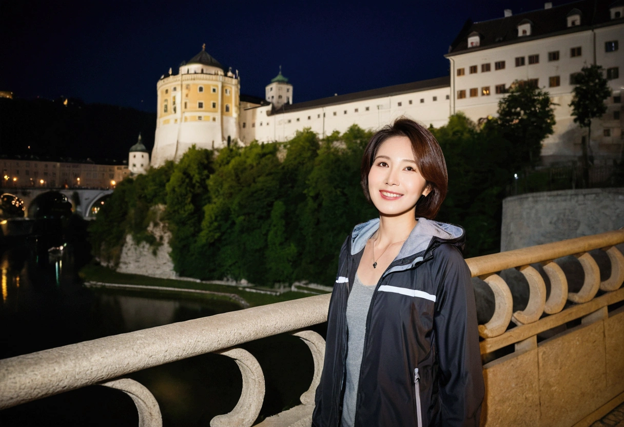 high quality, 1 woman, ((36-year-old healthy Korean woman)), ((36 years old)), 1 woman, eyes are big and beautiful. ((slim)), ((short medium hair)), Smile. pose: standing, windbreaker jacket, background:Your residence is a baroque townhouse with a plaster façade and wrought iron railings.. Overlooking the Salzach River and Hohensalzburg Fortress, night view, Street lamp, looking slightly up, 1 woman, Full body shot with Canon 16-34 wide angle lens, river view, looking up the side