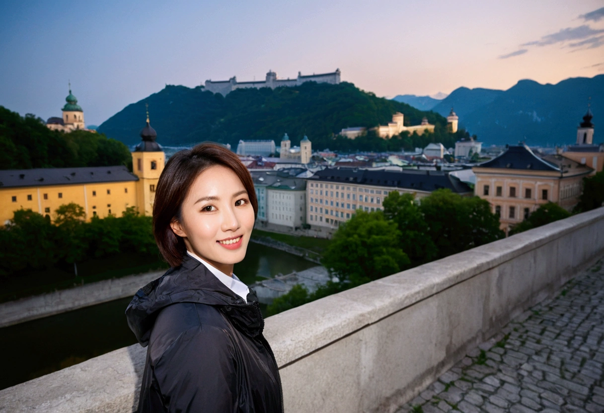 high quality, 1 woman, ((36-year-old healthy Korean woman)), ((36 years old)), 1 woman, eyes are big and beautiful. ((slim)), ((short medium hair)), Smile. pose: standing, windbreaker jacket, background:Your residence is a baroque townhouse with a plaster façade and wrought iron railings.. Overlooking the Salzach River and Hohensalzburg Fortress, night view, Street lamp, looking slightly up, 1 woman, Full body shot with Canon 16-34 wide angle lens, river view, looking up the side