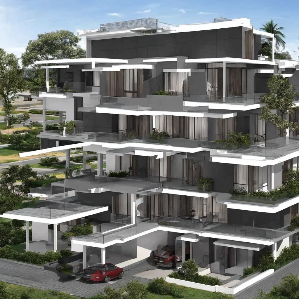 4 storeyed building, Ground Floor has Fully Glazed shop house, First Floor has Verandah, Second Floor has Verandah with plant features, Third Floor has Fully Glazed and Strip pattern facade, Roof Floor has open Terrance and beautiful roof garden, building has 80% while color theme, tiles are black and gray, daylight
