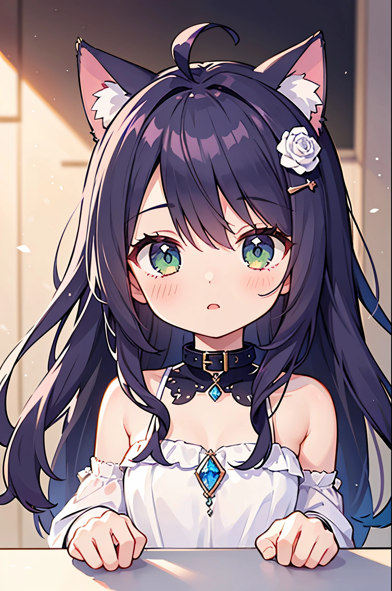 (masterpiece), (Highest quality), (1 Girl)), wonderful, Beautiful details in the eyes, Fine details, Depth of written boundary, original, ((Highest quality)), ((Very detailed)), (Best illustrations), (Best lighting, Best Shadow), (Very delicate and beautiful)), Very detailed壁紙, Dream Background, landscape, young girl, change, whole body, single, alone, , Gothic, , woman , young , Sapphire crystal eyes, Float Semi-Band Long Sapphire Crystal Hair, Ahoge, Wavy shoulder length sapphire crystal long hair, Sapphire crystal hair ornament, Sapphire Crystal Hair Clip, Cat ear, collar,green_Rose