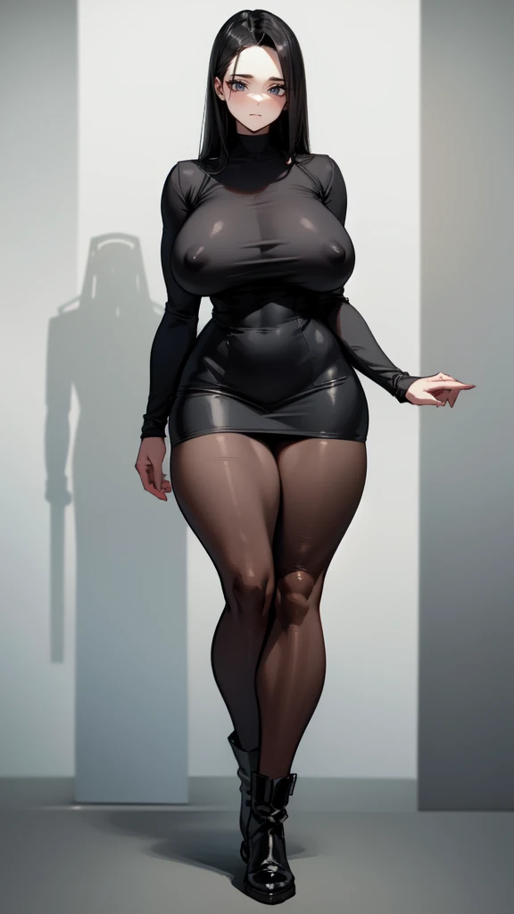 (masterpiece), best quality, expressive eyes, perfect face, vampire girl, huge girl, female muscular:1.2, big breast:1, (curvy:1.5) , (straight hair:1.8), ((blank background)), (full body framing), (thick thighs:1.4), (long legs:1.4), amazon body, toeless boots, ((pale skin)) , red eyes, black hair, (long fangs) , long yellow dress, long sleeves, loose sleeves, covered nipples