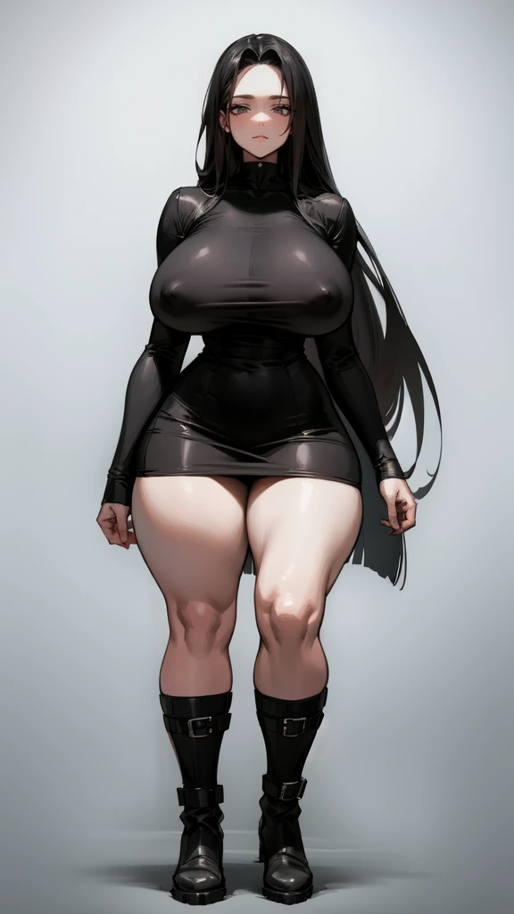 (masterpiece), best quality, expressive eyes, perfect face, vampire girl, huge girl, female muscular:1.2, big breast:1, (curvy:1.5) , (straight hair:1.8), ((blank background)), (full body framing), (thick thighs:1.4), (long legs:1.4), amazon body, toeless boots, ((pale skin)) , red eyes, black hair, (long fangs) , long yellow dress, long sleeves, loose sleeves, covered nipples