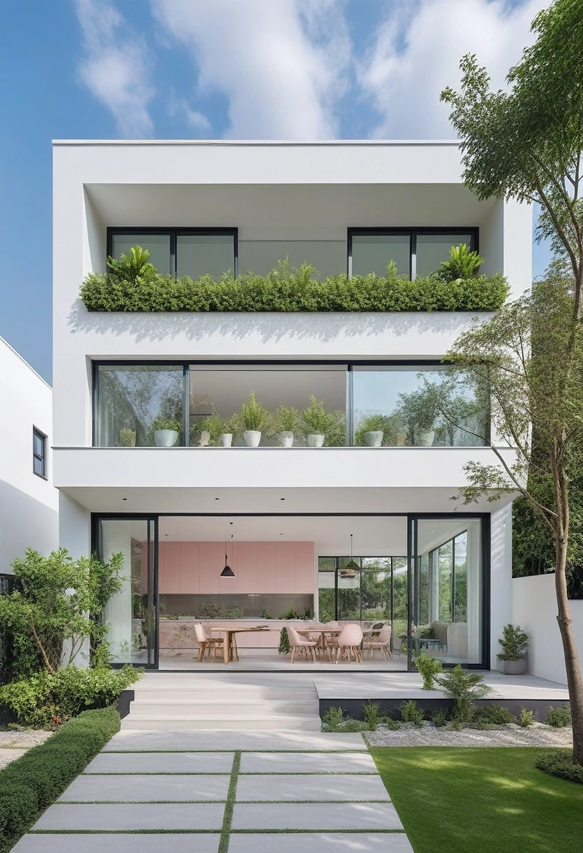 A modern single-story house with a chic furniture showroom. The facade is less than 5 meters wide, featuring large glass windows and doors. The exterior has white and pastel tones with integrated green plants. The house has only one floor.