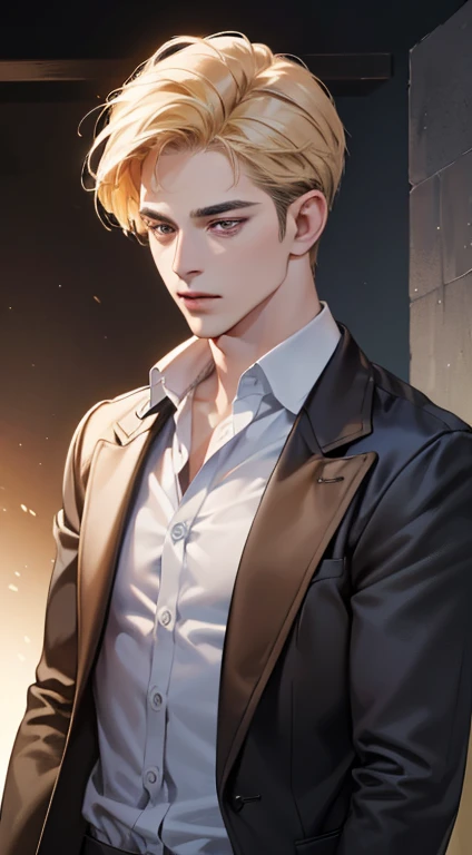 (best quality, masterpiece, 8K, photorealistic, cinematic lighting, 1:4 hdr image, ultra detailed, beautiful image), a mature man, 34 years very handsome, ((cold expression)), short golden hair, red eyes, face perfect without mistakes, ((buttoning his jacket, CEO))