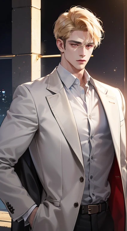 (best quality, masterpiece, 8K, photorealistic, cinematic lighting, 1:4 hdr image, ultra detailed, beautiful image), a mature man, 34 years very handsome, ((cold expression)), short golden hair, red eyes, face perfect without mistakes, ((buttoning his jacket, CEO))