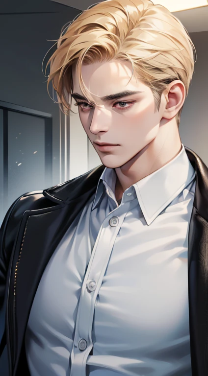 (best quality, masterpiece, 8K, photorealistic, cinematic lighting, 1:4 hdr image, ultra detailed, beautiful image), a mature man, 34 years very handsome, ((cold expression)), short golden hair, red eyes, face perfect without mistakes, ((buttoning his jacket, CEO))