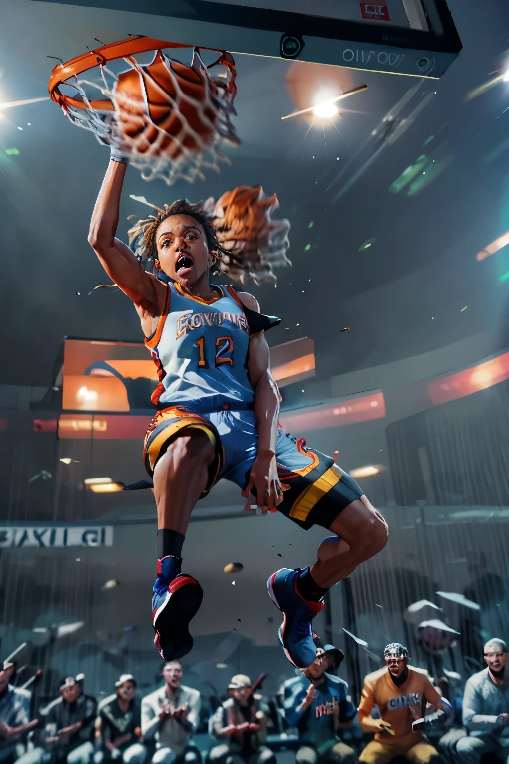 masterpiece, best quality, 8k, high resolution, realistic, detailed, a girl dunk the ball, high jump, Game-Winning Dunk, What a super shot!, slam dunk