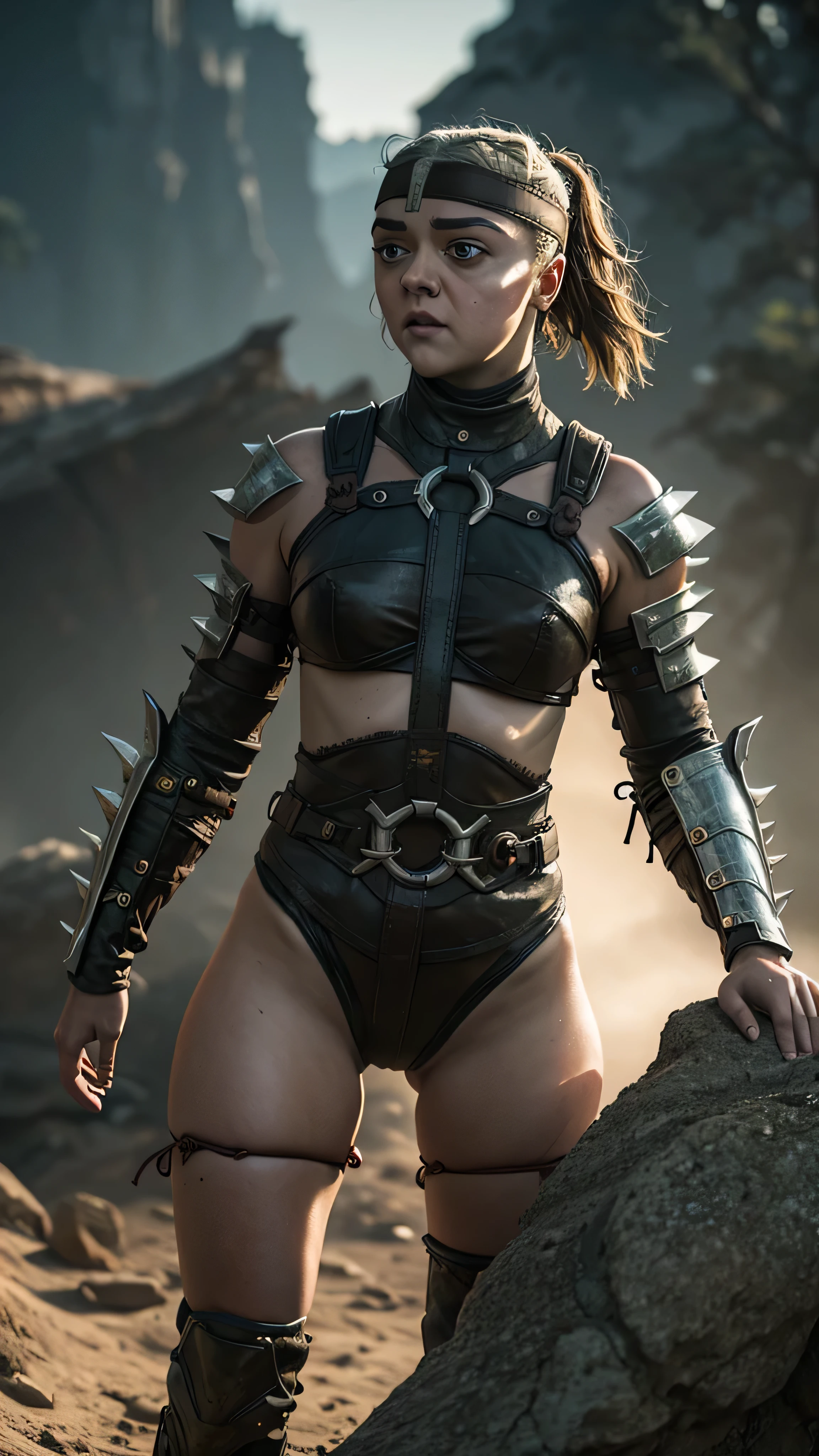 (Maisie Williams) as Ferra from Mortal Kombat, white hair, ponytail, brown eyes, armor, spikes, guantlets, armored boots, barefoot, metal headband, o-ring bikini, thigh tattoos, standing, forest, (insanely detailed, beautiful detailed face, masterpiece, best quality), cinematic lighting, 1woman, solo, full body view, front view, looking at viewer, intricate, high detail, sharp focus, dramatic, photorealistic painting art by greg rutkowski