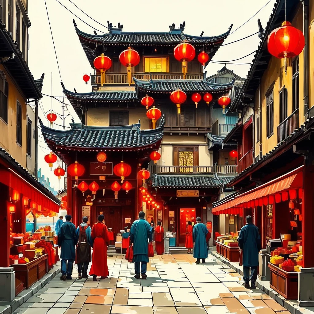 (masterpiece, UHD, oil painting, detailed:1.3, by Greg Rutkowski), bustling trade markets of the Genghis Khan era, (diverse merchants and goods:1.2), thriving commerce, lively stalls, exotic treasures, Mongol warriors guarding, realistic style, (intricate details:1.2), depicting the economic prosperity, vibrant colors, sunlight cascading, capturing the essence of the vibrant trade and bustling markets during the reign of Genghis Khan.