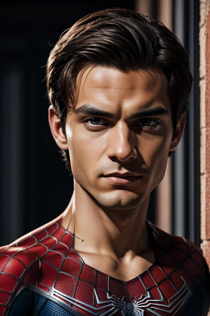 A photograph of Spider-Man., sin mascara, the 20s, elegant, detailed face, looking to the camera, portrait, 8k hd, high quality