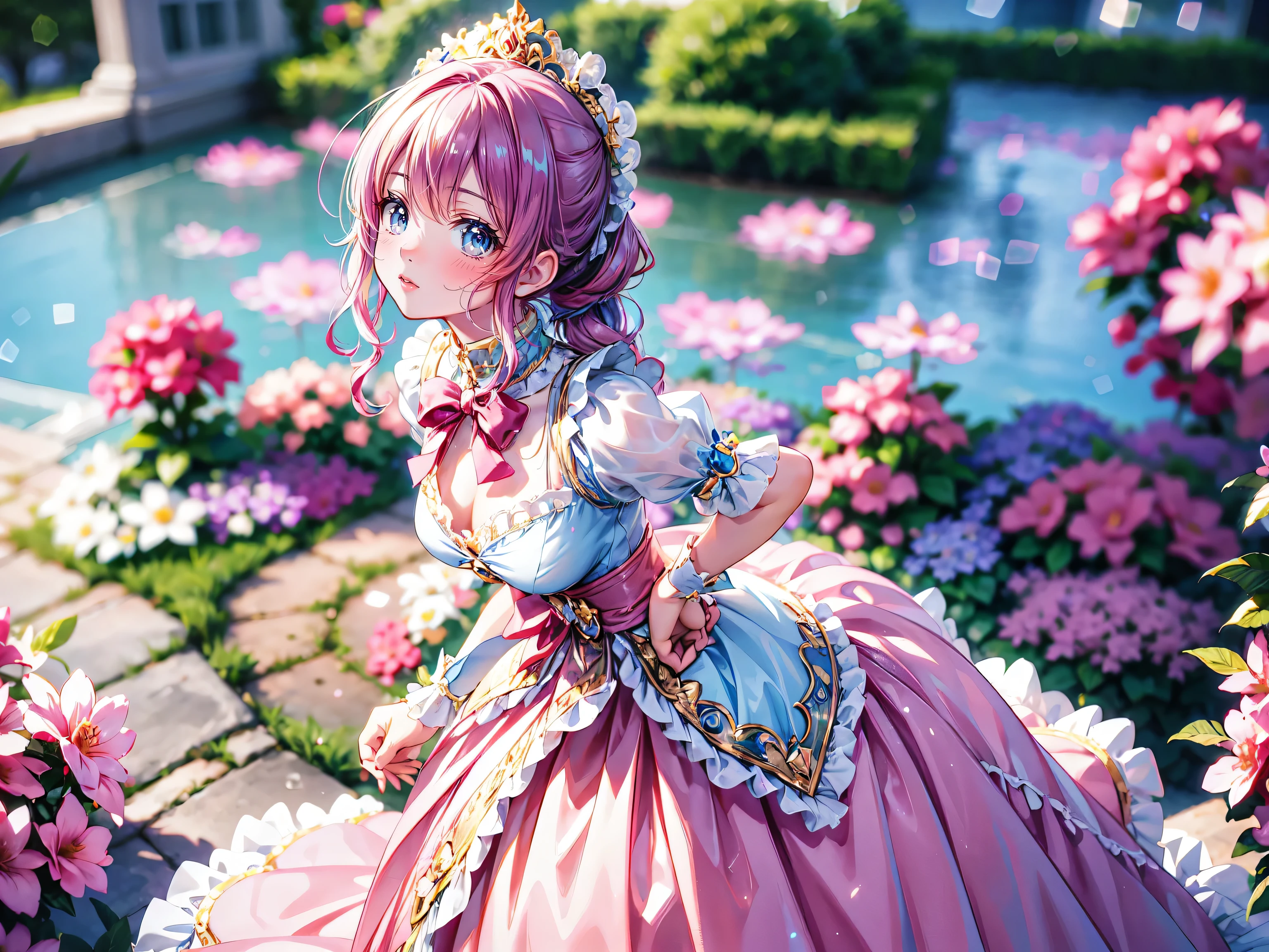 ((Masterpiece, ultra detailed, exquisite quality)), (anime moe art style:1.3), (((young face solo princess))), (((incredibly cute rococo victorian gown with long hems, voluminous princess style skirt, elaborate lace gown))), (huge breasts), breasts cleavage, ((hair pink hair)), ((fluffy long Expressive ponytail)), (leaning forward, looking up, from above, front view, facing at viewer:2), kawaii face, head tilt, shy smile, (face focus, eyes focus, blurry background, depth of field:2), (isometric 3D, octane render, ray tracing:1.5), backlighting, particle effect, (hyper detail delicate eyes, hyper beautiful eyes), (eyes blue eyes), (lot's of colorful flowers, sparkling glass classic greenhouse:1.5),