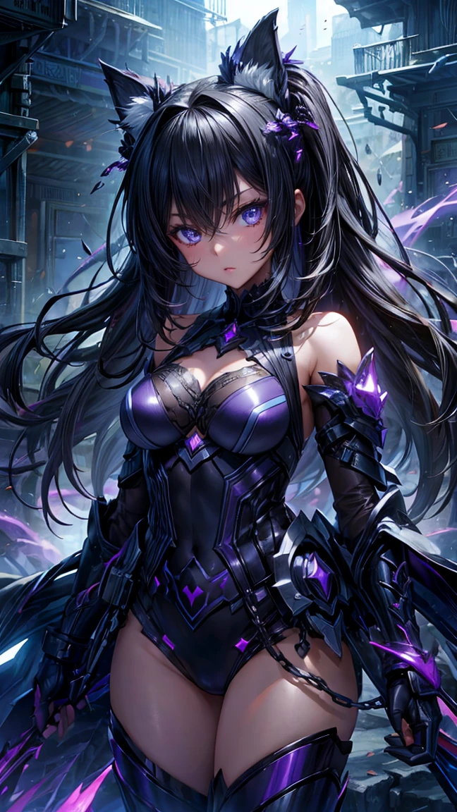 masterpiece, best quality, 1woman, adult, female focus, solo, long black hair, vibrant purple eyes, looking at viewer, closed mouth, bangs, Fantasy aesthetics, Highly detailed, shadowverse style, leather coat, swordswoman