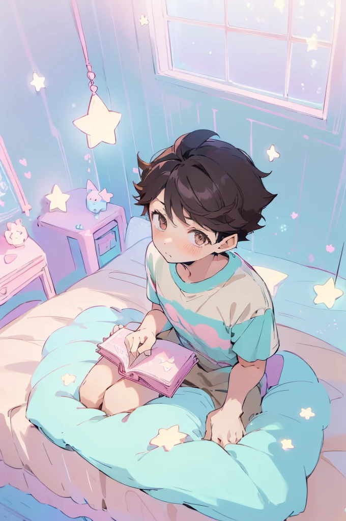 2 boys,((2 boys sitting on bed)), black hair,reading a book, bedroom, cute room,((pastel colors)),kawaiitech,cute colors,kawaii,stars are hanging above bed,bedtime stories,pillows,soft toys,bedcover,masterpiece,((ultra detailed)),flat coloring,cute flat colors,(((view from above))),oikawa tooru,brown hair,brown eyes,looking at viewer