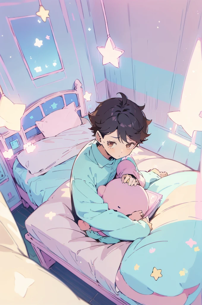 2 boys,((2 boys sitting on bed)), black hair,reading a book, bedroom, cute room,((pastel colors)),kawaiitech,cute colors,kawaii,stars are hanging above bed,bedtime stories,pillows,soft toys,bedcover,masterpiece,((ultra detailed)),flat coloring,cute flat colors,(((view from above))),oikawa tooru,brown hair,brown eyes,looking at viewer