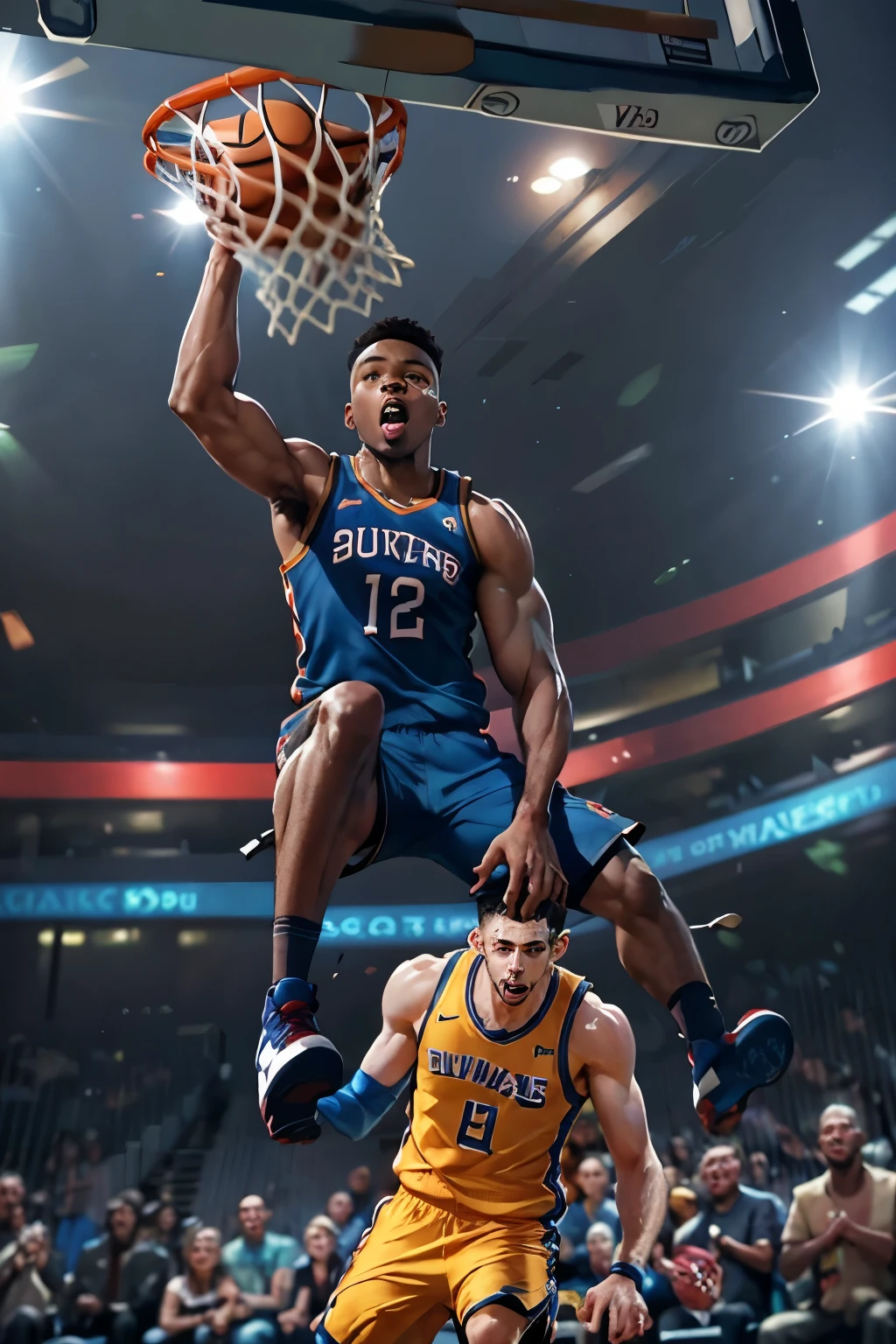 masterpiece, best quality, 8k, high resolution, realistic, detailed, a boy dunk the ball, high jump, Game-Winning Dunk, What a super shot!, slam dunk
