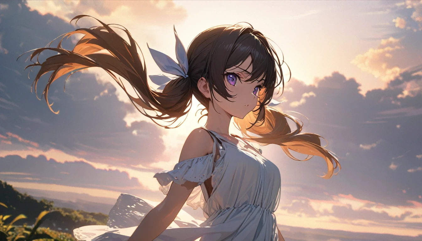 One woman, , Ultra-high resolution, 超detailed, Highest quality, 8K,((Highest quality)), ((masterpiece)), (detailed)，Face direction(front)，Hair Color(Bright golden color，Fine hair quality，Twin tails)，eyeの色(black)，background(cloud sky，morning)，clothing(Summer clothes)，eye(パッチリとしたeye元)，expression(Exquisite features depicting a perfect face)，Body Type(model，Naturally beautiful)，Perfect hands，The perfect woman, Dramatic Shadows, Japanese，Cute pose，Anime characters, Code Geass Lelouch of the Rebellion style