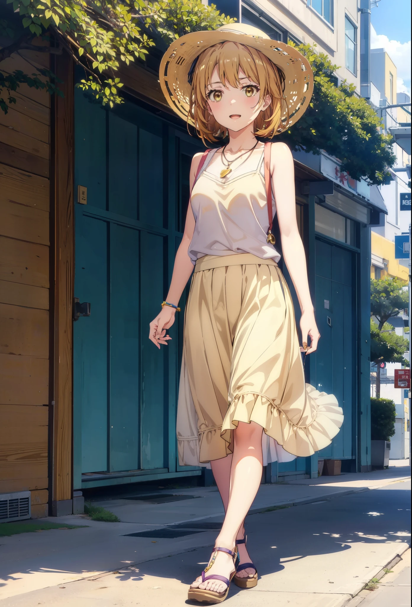 Irohaisshiki, isshiki iroha, One Woman,short hair, Brown Hair, (Brown eyes:1.5), happy smile, smile, Open your mouth,White hat,Yellow Tank Top,Locket Necklace,Long skirt,Heeled Sandals,Palm tree,True Summer,Daytime,Clear skies,Walking,whole bodyがイラストに入るように,
break outdoors,In town,Tropical,Okinawa　Kokusai Street,
break looking at viewer,whole body,
break (masterpiece:1.2), Highest quality, High resolution, unity 8k wallpaper, (figure:0.8), (Beautiful attention to detail:1.6), Highly detailed face, Perfect lighting, Highly detailed CG, (Perfect hands, Perfect Anatomy),