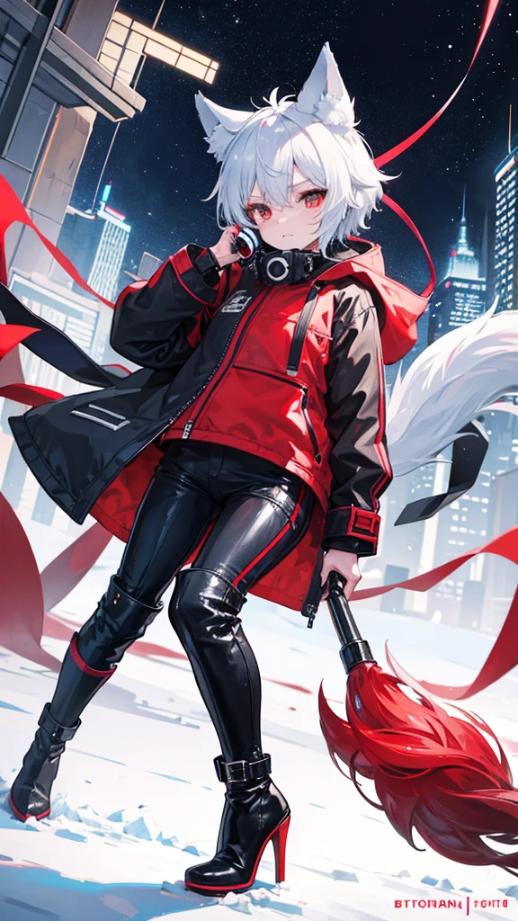 Winter city,whole body,shortness of breath,Beastman,shota,Wolf,headphone,Long Parka,pants,Knee-high boots,Stiletto heels with red soles,Running
