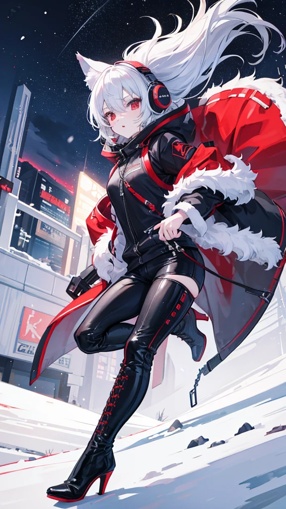 Winter city,whole body,shortness of breath,Beastman,shota,Wolf,headphone,Long Parka,pants,Knee-high boots,Stiletto heels with red soles,Running